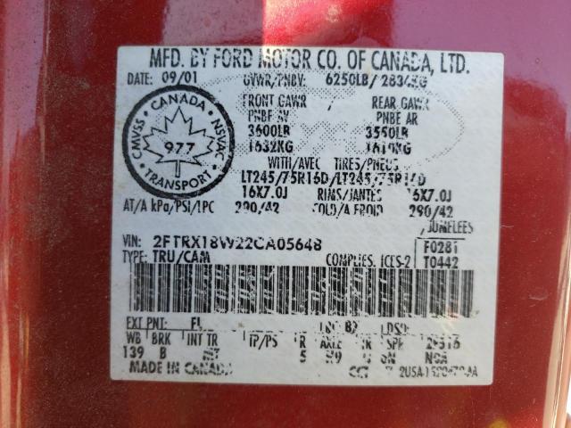 Photo 10 from auction – 2002 FORD F150 with VIN 2FTRX18W22CA05648