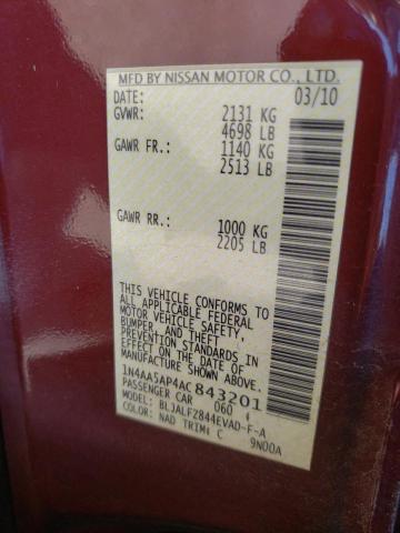 Photo 10 from auction – 2010 NISSAN MAXIMA S with VIN 1N4AA5AP4AC843201