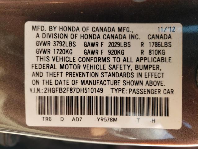 Photo 10 from auction – 2013 HONDA CIVIC EX with VIN 2HGFB2F87DH510149