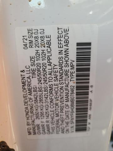 Photo 10 from auction – 2021 HONDA PILOT ELIT with VIN 5FNYF6H08MB078462