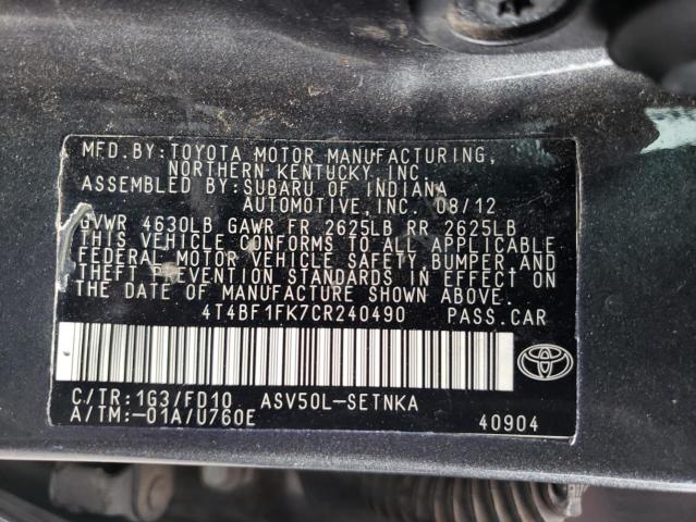 Photo 10 from auction – 2012 TOYOTA CAMRY BASE with VIN 4T4BF1FK7CR240490