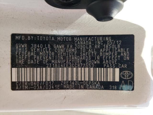 Photo 10 from auction – 2012 TOYOTA COROLLA BA with VIN 2T1BU4EE3CC877553