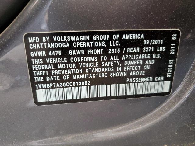 Photo 10 from auction – 2012 VOLKSWAGEN PASSAT SE with VIN 1VWBP7A30CC013952