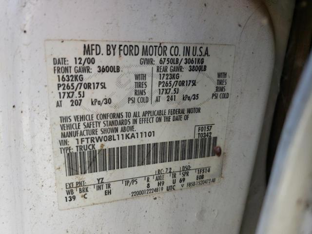 Photo 10 from auction – 2001 FORD F150 SUPER with VIN 1FTRW08L11KA11101