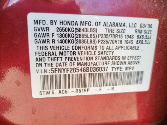 Фото 10 с аукциона – 2006 HONDA PILOT EX с VIN 5FNYF28546B036037