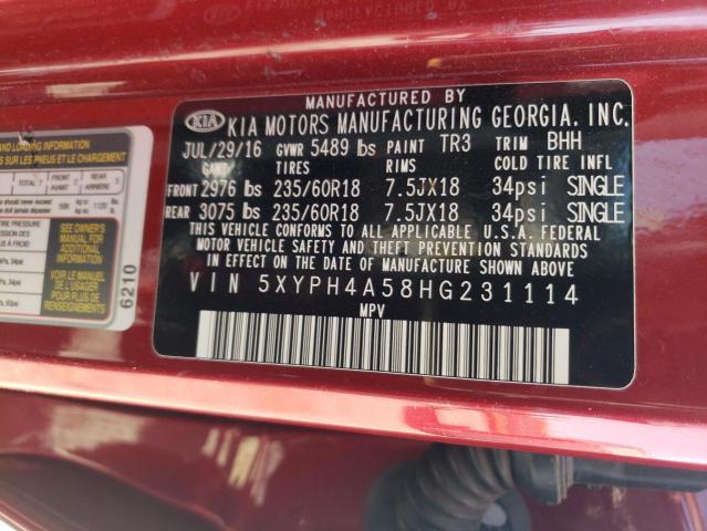 Photo 10 from auction – 2017 KIA SORENTO EX with VIN 5XYPH4A58HG231114