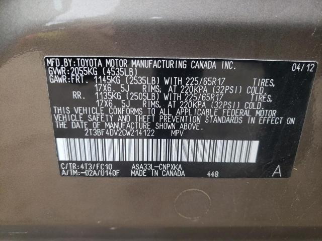Photo 10 from auction – 2012 TOYOTA RAV4 with VIN 2T3BF4DV2CW214122