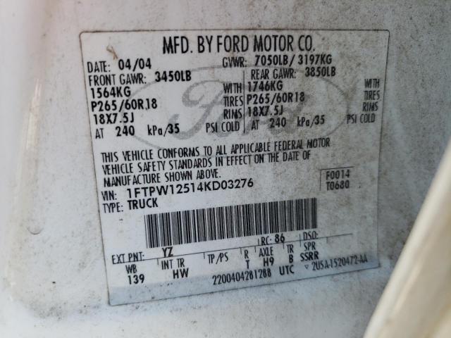 Photo 10 from auction – 2004 FORD F150 SUPER with VIN 1FTPW12514KD03276