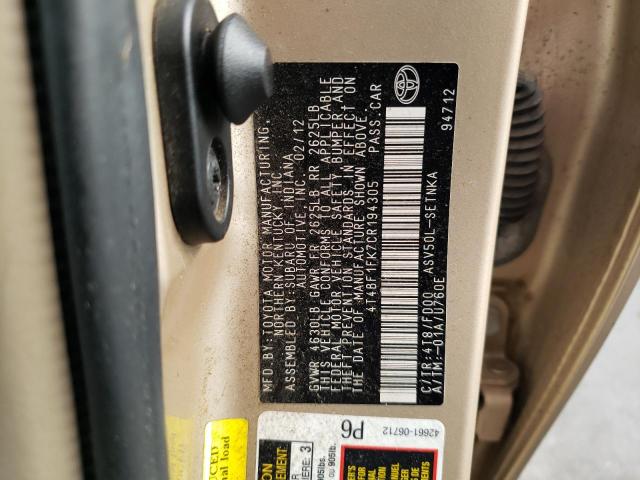 Photo 10 from auction – 2012 TOYOTA CAMRY BASE with VIN 4T4BF1FK7CR194305