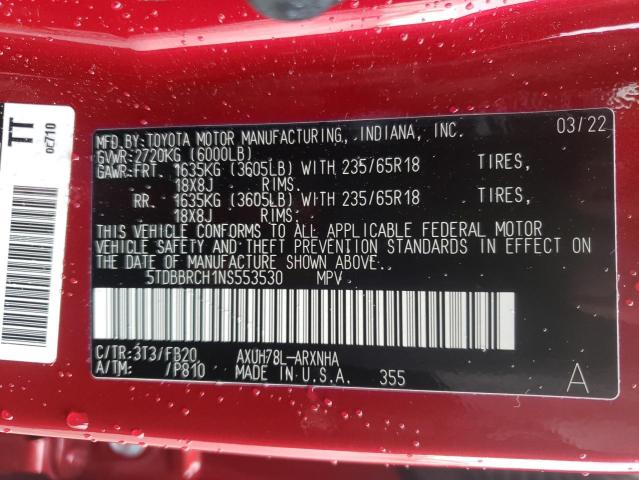 Photo 10 from auction – 2022 TOYOTA HIGHLANDER with VIN 5TDBBRCH1NS553530