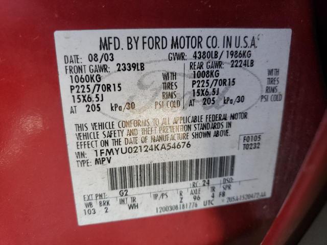 Photo 10 from auction – 2004 FORD ESCAPE XLS with VIN 1FMYU02124KA54676