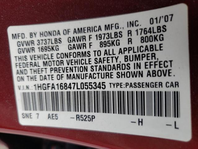 Photo 10 from auction – 2007 HONDA CIVIC EX with VIN 1HGFA16847L055345