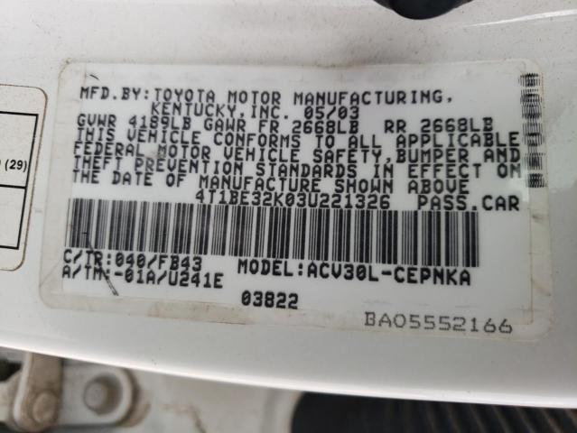 Photo 10 from auction – 2003 TOYOTA CAMRY LE with VIN 4T1BE32K03U221326