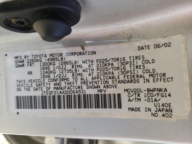 Photo 10 from auction – 2002 TOYOTA HIGHLANDER with VIN JTEGF21AX20064531