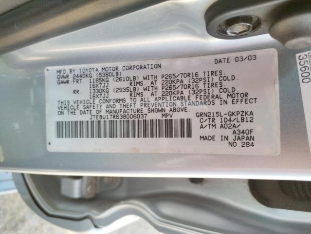 Photo 10 from auction – 2003 TOYOTA 4RUNNER LI with VIN JTEBU17R638006037