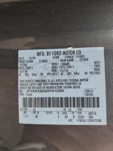 Photo 10 from auction – 2010 FORD RANGER with VIN 1FTKR1AD2APA12360