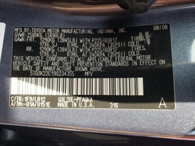 Photo 10 from auction – 2009 TOYOTA SIENNA XLE with VIN 5TDZK22C19S234355