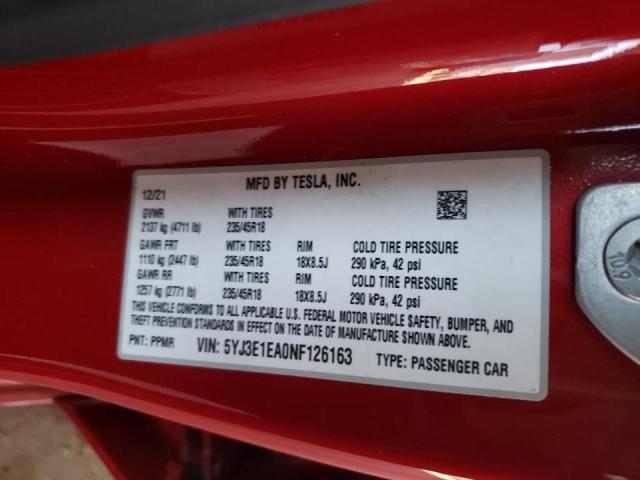 Photo 10 from auction – 2022 TESLA MODEL 3 with VIN 5YJ3E1EA0NF126163
