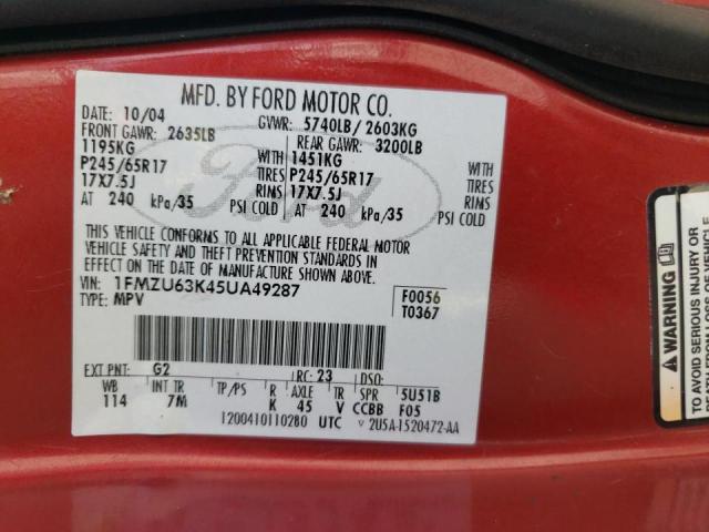 Photo 10 from auction – 2005 FORD EXPLORER X with VIN 1FMZU63K45UA49287