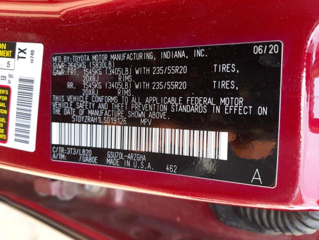 Photo 10 from auction – 2020 TOYOTA HIGHLANDER with VIN 5TDYZRAH1LS019126