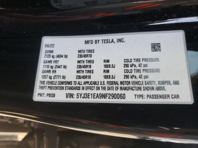 Photo 10 from auction – 2022 TESLA MODEL 3 with VIN 5YJ3E1EA9NF290060