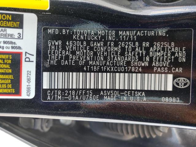 Photo 10 from auction – 2012 TOYOTA CAMRY BASE with VIN 4T1BF1FKXCU017824