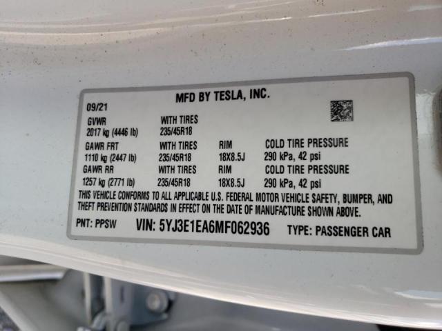 Photo 10 from auction – 2021 TESLA MODEL 3 with VIN 5YJ3E1EA6MF062936