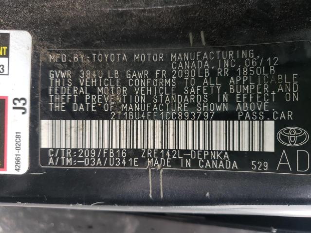 Photo 10 from auction – 2012 TOYOTA COROLLA BA with VIN 2T1BU4EE1CC893797