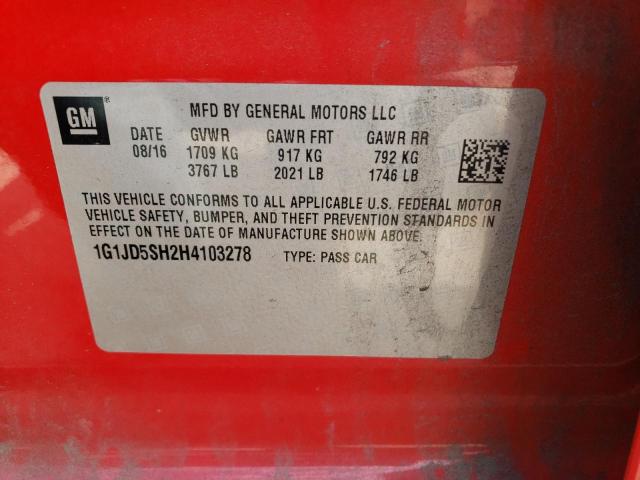 Photo 10 from auction – 2017 CHEVROLET SONIC LT with VIN 1G1JD5SH2H4103278