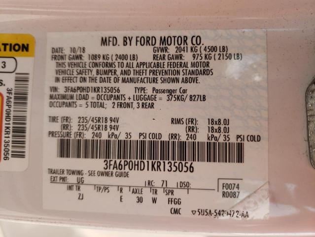 Photo 10 from auction – 2019 FORD FUSION SE with VIN 3FA6P0HD1KR135056