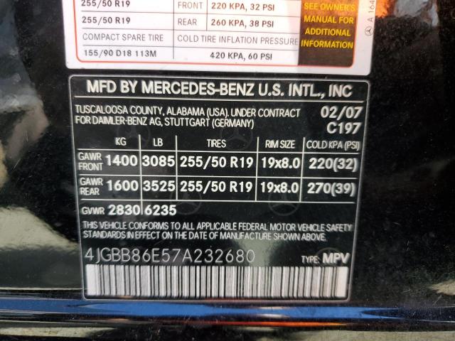 Photo 10 from auction – 2007 MERCEDES-BENZ ML 350 with VIN 4JGBB86E57A232680