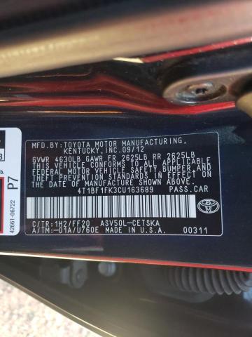 Photo 10 from auction – 2012 TOYOTA CAMRY BASE with VIN 4T1BF1FK3CU163689