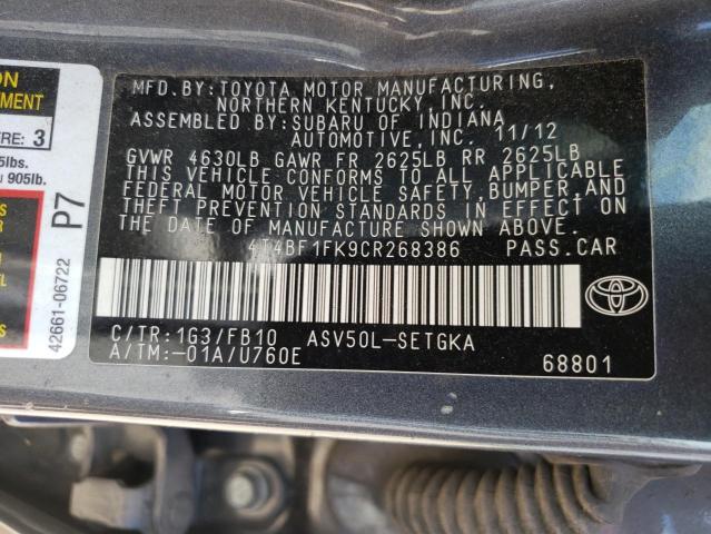 Photo 10 from auction – 2012 TOYOTA CAMRY BASE with VIN 4T4BF1FK9CR268386