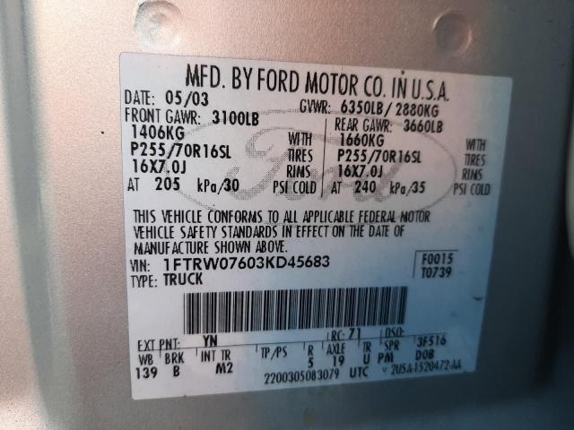 Zdjęcie 10 z aukcji – 2003 FORD F150 SUPER z VIN 1FTRW07603KD45683