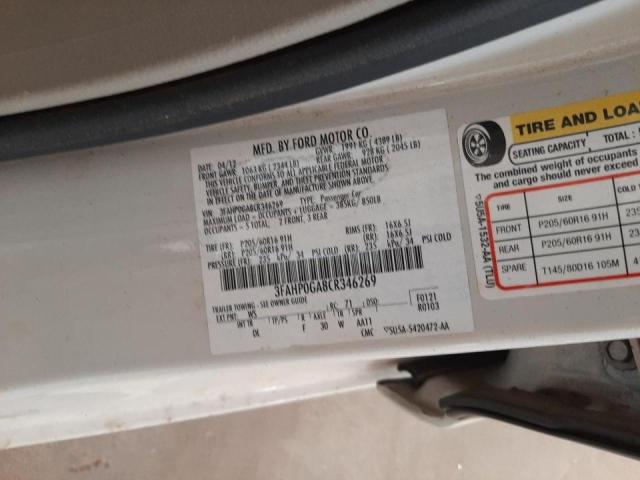 Photo 10 from auction – 2012 FORD FUSION S with VIN 3FAHP0GA8CR346269