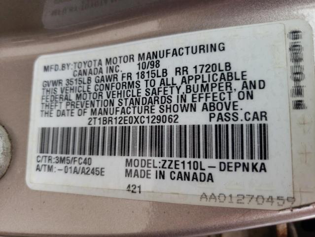 Photo 10 from auction – 1999 TOYOTA COROLLA VE with VIN 2T1BR12E0XC129062