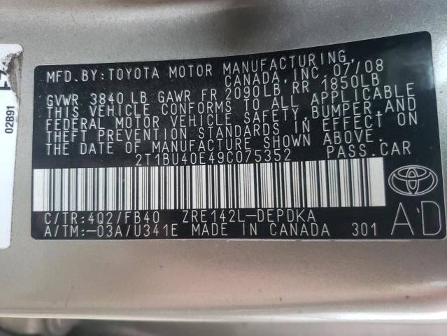 Photo 10 from auction – 2009 TOYOTA COROLLA BA with VIN 2T1BU40E49C075352