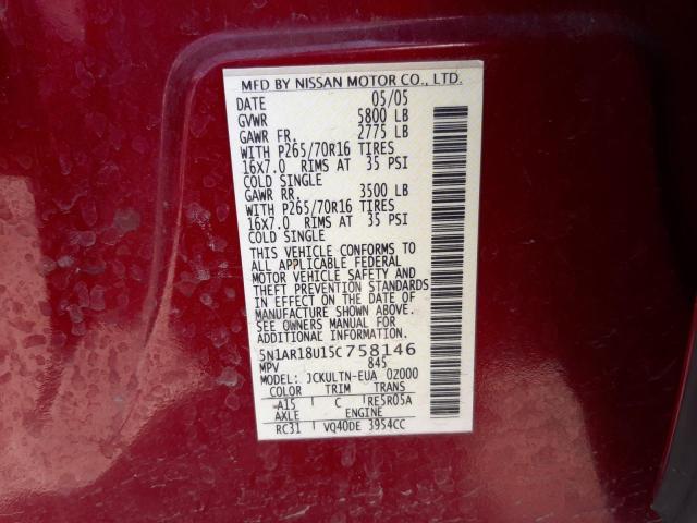 Photo 10 from auction – 2005 NISSAN PATHFINDER with VIN 5N1AR18U15C758146