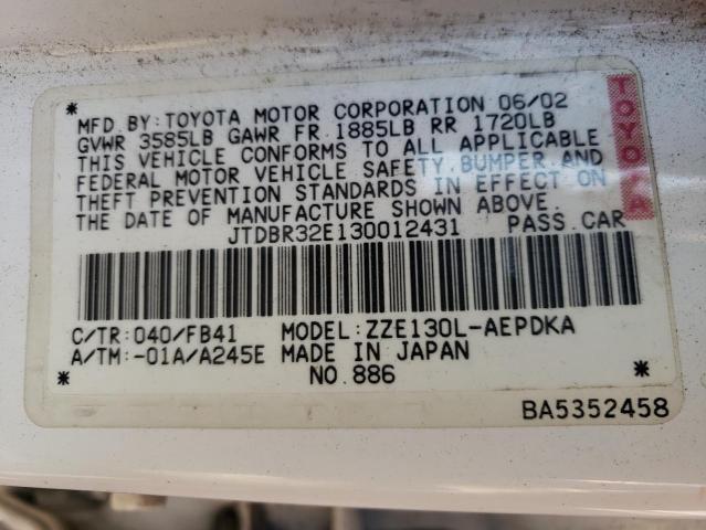 Photo 10 from auction – 2003 TOYOTA COROLLA CE with VIN JTDBR32E130012431