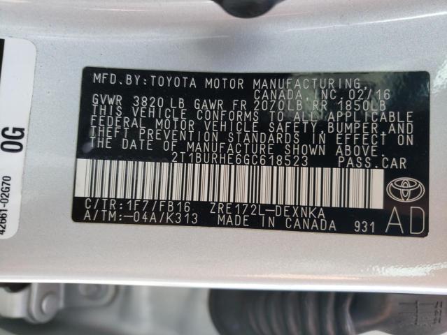 Photo 10 from auction – 2016 TOYOTA COROLLA L with VIN 2T1BURHE6GC618523