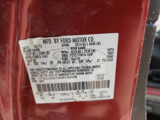 Photo 10 from auction – 2012 FORD ESCAPE XLT with VIN 1FMCU0D70CKC52036