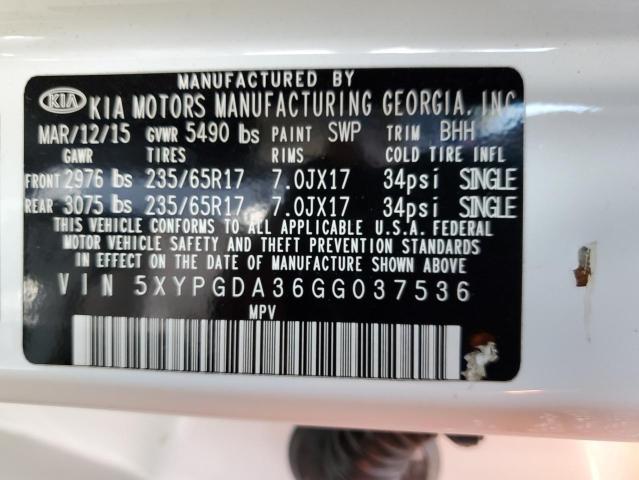 Photo 10 from auction – 2016 KIA SORENTO LX with VIN 5XYPGDA36GG037536