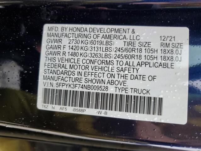 Photo 10 from auction – 2022 HONDA RIDGELINE with VIN 5FPYK3F74NB009528