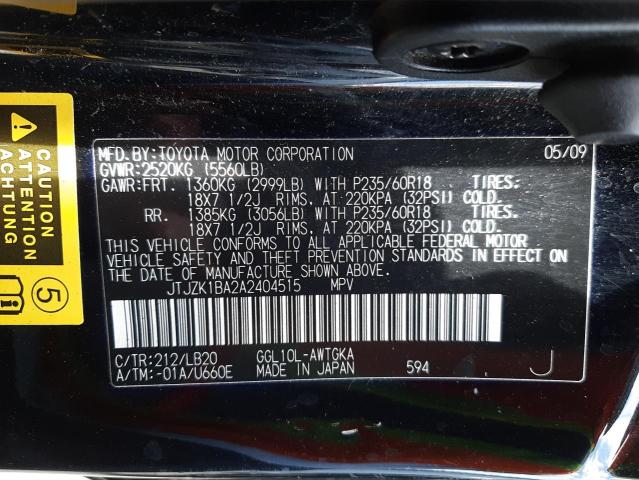 Photo 10 from auction – 2010 LEXUS RX 350 with VIN JTJZK1BA2A2404515