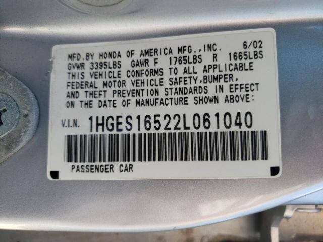 Photo 10 from auction – 2002 HONDA CIVIC LX with VIN 1HGES16522L061040