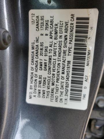 Photo 10 from auction – 2013 HONDA CIVIC LX with VIN 2HGFB2F54DH519798