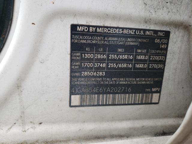 Photo 10 from auction – 2000 MERCEDES-BENZ ML 320 with VIN 4JGAB54E6YA202716