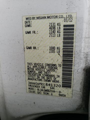 Photo 10 from auction – 2012 NISSAN MAXIMA S with VIN 1N4AA5AP9CC841320