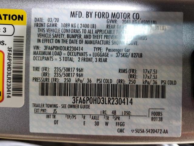 Photo 10 from auction – 2020 FORD FUSION SE with VIN 3FA6P0HD3LR230414