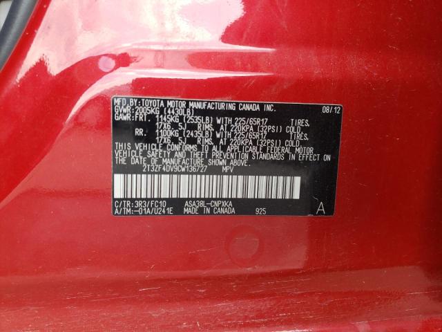 Photo 10 from auction – 2012 TOYOTA RAV4 with VIN 2T3ZF4DV9CW136727